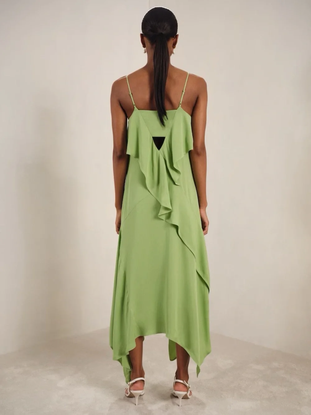 NWT Reiss green asymmetrical ruffle midi slip dress - wedding guest dress size 8 - Picture 2 of 8